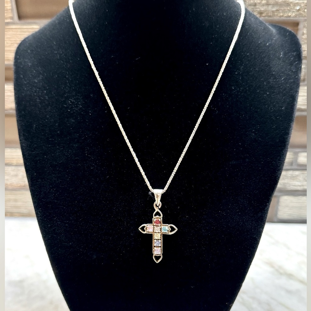 Vintage multi color stones 925 sterling silver religious cross necklace pendant